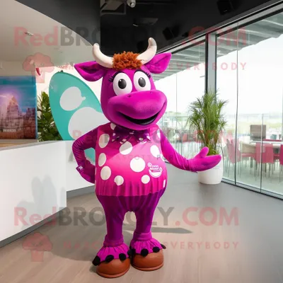 Produktbild von Magenta-Kuh REDBROKOLY Maskottchen kostüm gekleidet in einen einteiligen Badeanzug und Haarnadeln