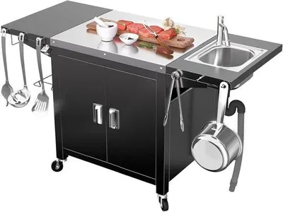 Zdjęcie produktu dla Mobilny wózek kuchenny do użytku na zewnątrz z grillem i blatem do pizzy, stal nierdzewna, 154 cm