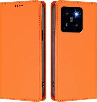 Immagine prodotto di Custodia in pelle per Xiaomi 14 Pro, custodia a libro magnetica in Finto cuoio con supporto, arancione