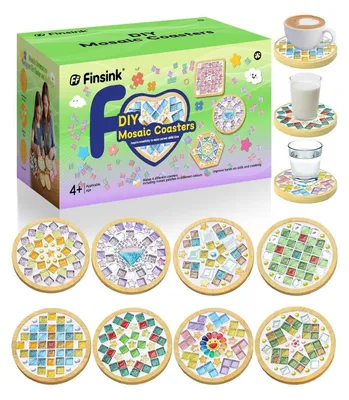 Image de Kit de création de mosaïques pour enfants, 8 pièces, sous-verres, bricolage, ensemble de mosaïques en bois et en verre, pour enfants à partir de 5 ans