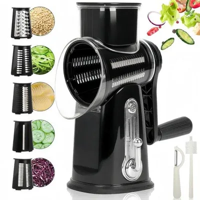 Produktbild von Unyqoos® Rotierende Handreibe – 5 wechselbare Edelstahlklingen, Kurbel & Saugnapf, inkl. Messerbox, Schäler, Einfüllschieber & Bürste