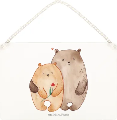 Produktbild von Mr. & Mrs. Panda Schild Bären Liebe DIN A5 - Weiß - Geschenk, holzbild, Freundin, kleine aufmerksamkeit, Türschild, Bär, Verknallt, Blume, Kuscheln, Holzschild, wandtafel