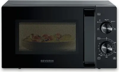 A black Severin microwave oven is shown from the front on a white background.