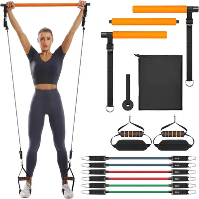 Obrázok produktu pre Súprava na cvičenie Pilates s tyčou a 6 odporovými páskami (20/30/40 libier) – domáca posilňovňa, fitness set, jóga, celotelové cvičenie s držiakom na dvere, prenosná
