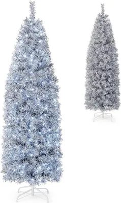 Obrázok produktu pre COSTWAY 180 cm umelý vianočný stromček ceruzka, LED osvetlený vianočný stromček s 250 studenými bielymi LED diódami, tenký vianočný stromček, umelý stromček s kovovým stojanom, biely + čierny