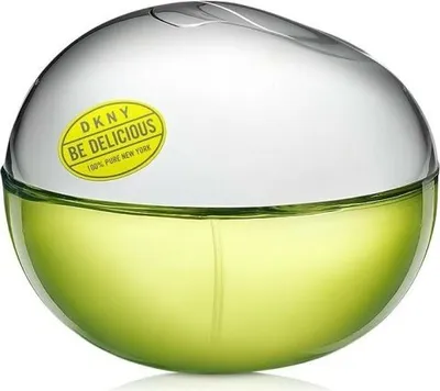 A close-up studio shot of a DKNY Be Delicious perfume bottle.
