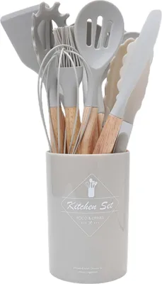 Produktbild von Silikon-Küchengeschirr-Set mit Holzgriffen, hitzebeständig, Pfannenwender, Zange, Spatel, Löffel, Bürste, Schneebesen, antihaftbeschichtete Kochutensilien