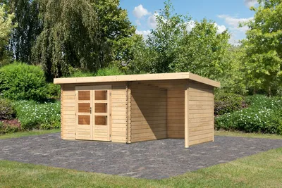 Produktbild von Gartenhaus Blockbohlenhaus Gerätehaus Bastrup 5 im Set mit Anbaudach 2 m breit, 28 mm Seiten - und Rückwand naturbelassen 479x297x220 cm