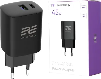 Produktbild von Netzladegerät 45W GaN QC 4.0 PD 3.0 USB-A USB-C Encore Energy GaN-4583R