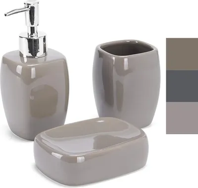 Produktbild von MSV Bad Accessoires Keramik 3-teilig - Seifenspender, Seifenschale, Zahnputzbecher Taupe