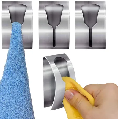Image de Lot de 4 porte-serviettes pour la salle de bains et la cuisine, porte-torchons sans perçage, crochets muraux autocollants, acier inoxydable brossé