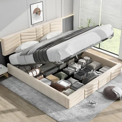 Zdjęcie produktu dla Łóżko tapicerowane, 180 x 200 cm, z hydraulicznym pojemnikiem na pościel, regulowanym zagłówkiem, stelażem i obiciem z weluru, kolor beżowy