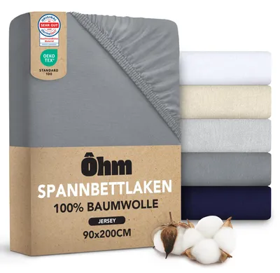 Produktbild von Ôhm Spannbettlaken 90x200 Anthrazit – Jersey Spannbetttuch 100% Baumwolle Elastisch – Weich & Atmungsaktiv – Steghöhe 28 cm für Hohe Matratzen –