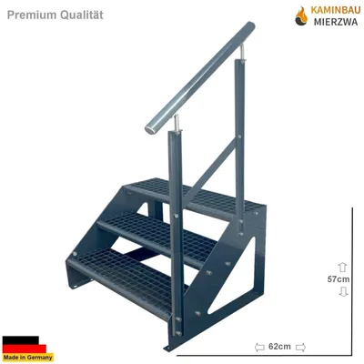 Produktbild von Gitterrost Stahl Freistehende Treppe 3 Stufen Verzinkt & Anthrazit Pulverlackiert + Geländer Rechts - (L x B x H) 63cm x 100cm x 57cm
