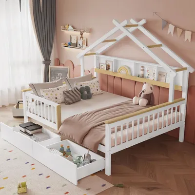 Produktbild von Merax Kinderbett 140x200 mit Dac und Fallschutz, Hausbett Holzbett mit 2 Schubladen und Lagerregal, Einzelbett Weiß+Natur, ohne Matratze
