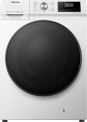 A front view of a white Hisense washing machine with a large black door.