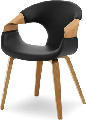 A studio shot of a modern chair with a black seat and wooden legs.