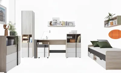 Productafbeelding van Furniture24 - Tienerkamer - Set Remo: Bureau, bed (90 cm), commode, rollende ladekast, wandplanken, hoge kast - 7-delig meubelset