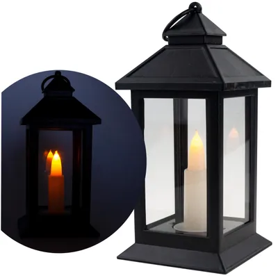 Immagine prodotto di Lanterne a LED, colore nero, alimentate a batteria, luce calda, effetto fiamma, con manico, altezza 17 cm