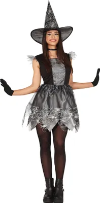 Immagine prodotto di Strega Halloween Costume Grigio Magico Mistico Travestimento Idea Costume Creativo Cappello Magico Vestaglia Carnevale Ragnatela Impressionante, Taglia: 14 - 16 anni Colore: Nero