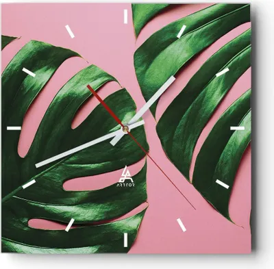 Produktbild von Wanduhr - Quadrat - Glasuhr - Monstera Blatt Rosa - 40x40cm - Schleichendes Uhrwerk - Lautlos - zum Aufhängen bereit - Dekoration Modern - Wanddekoration aus Glas - C3AC40x40-4407