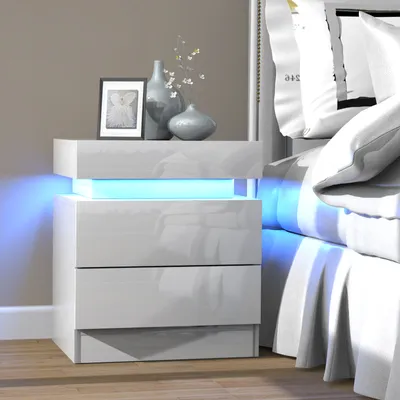 Produktbild von Nachttisch mit LED-Beleuchtung 52cm hoch mit 2 Schubladen 1 Kasten weiß