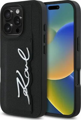 Produktbild von KARL LAGERFELD Tasche für IPHONE 16 Pro Max KLHCP16XPGPVKSK (Genarbtes PolyurethanKartenfach Metall Signatur) schwarz