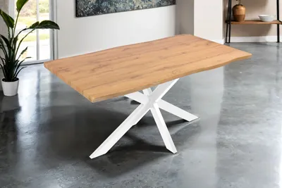 Produktbild von Esstisch 160x85 cm Baumkante Holz Wildeiche-Optik Spider-Gestell Metall weiß JOSY