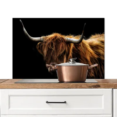 Obrázek produktu pro KitchenYeah® Splashback kitchen - Kuchyňský splashback - Ochrana stěny sporáku a dřezu - Skotský náhorní skot - Rohy - Černá - Zvířata - Příroda - Divoká - Kráva 90x60 - Alu-Dibond (alternativa ke splashbacku)