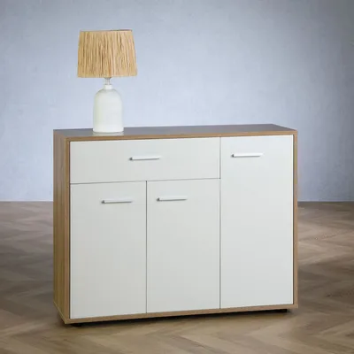 Produktbild von Sideboard ESTELLE Kommode Mehrzweckschrank, Sonoma Eiche/weiß mit 3 Türen und 1 Schublade, 88 cm breit