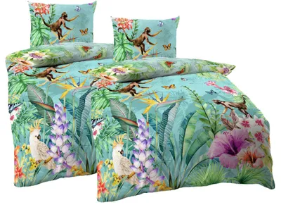 Produktbild von JACK by Kaeppel Mako Satin 4tlg. Digitaldruck Bettwäsche Äffchen Dschungel Kakadu Schmetterling Bunt Urwald, Größe:4 tlg. 135x200cm