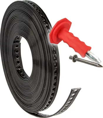 Produktbild von tecuro Lochband 14 mm x 10 m Rolle Stahl - Kunststoff ummantelt mit Einschlagdübel Ø 4x18 mm (200Stück) inkl. Setzeisen