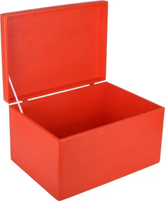An open red wooden storage box is shown against a white background.