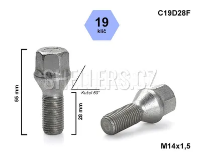 Obrázok produktu pre Skrutka kolesa M14x1,5x28 s kužeľom, kľúč 19, C19D28F, výška 55 mm