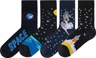 Produktbild von H.I.S. Socken Kinder und Jugendliche Astronautensocken 4 -teilig 2x blau-gemustert, 2x schwarz-gemustert Größe 27/30