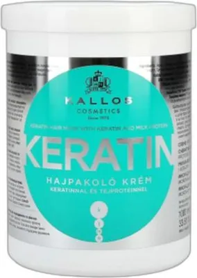A white tub of Kallos Keratin hair mask with a teal label.