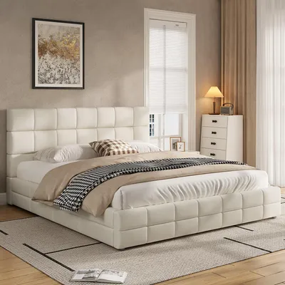 Produktbild von Polsterbett 180x200 cm, Samtbezug mit Ziernähten, gepolstertes Kopfteil, 10 Latten, bis 220 kg, für 10–20 cm Matratze, Beige