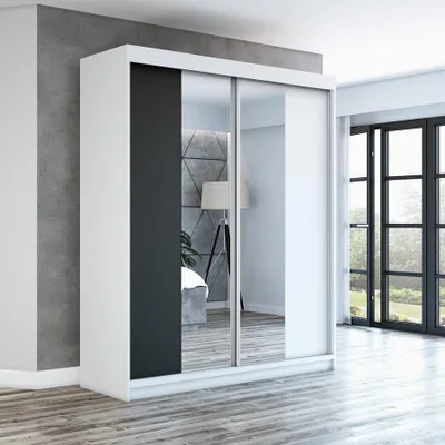 Produktbild von Schwebetürenschrank, 2-türig Schrank ELEGANZA 180 cm (mit Spiegel) Weiß / schwarz / weiß