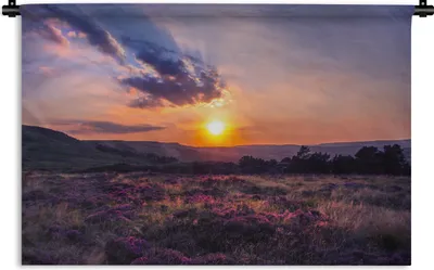 Produktbild von MuchoWow® Wandteppich Wandbehang Sonnenuntergang in der Heidelandschaft 120x80 cm Tapisserie Dekoration Wandtuch - Wanddekorationen - Wandtücher