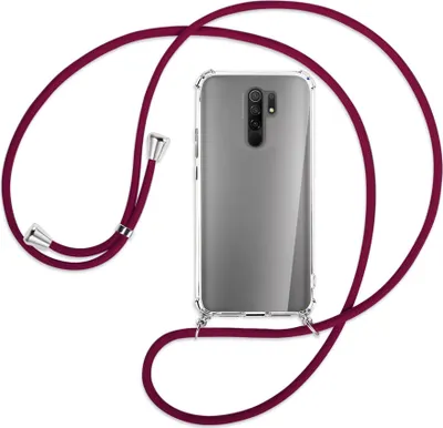 Produktbild von Handykette Backcover-Schutzhülle mit Band (Metall silberfarben) für Xiaomi Redmi 9 - dunkelrot