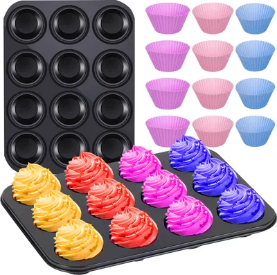 A baking set including a muffin tin and colorful cupcake liners, with decorated cupcakes.