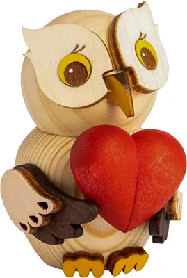 Produktbild von Drechslerei Kuhnert - Mini-Eulen aus Holz - mit Herz - ca. 7 cm groß - als Dekoration oder Geschenk geeignet