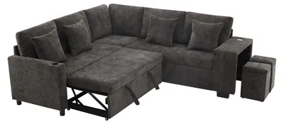 Produktbild von L-förmiges Schlafsofa in Grau mit Stauraum, Getränkehalter, USB und USB-C