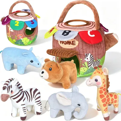 Obrázok produktu pre Montessori hračky pre bábätká – 12 mesiacov – Drevený domček s motívom lesa a 5 zvieratkami – Senzorická plyšová hračka – Hrkálka – Zrkadlo – Pre deti