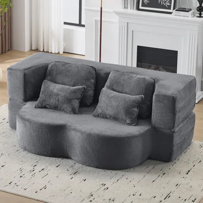 Produktbild von MODFU 2-Sitzer-Sofa,modernes Relaxsofa,Ecksofa mit 4 Kissen,2-in-1 Klappsofa,Bodensofa aus Flanell,Schlafsofa für Wohnzimmer, Gästezimmer und Schlafzimmer,Blau