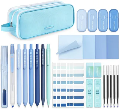 Productafbeelding van Four Candies Blauwe schoolbenodigdheden met etui - Zwarte inkt gelpennen