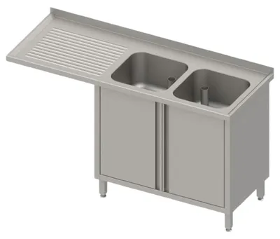Immagine prodotto di Mobile per lavello con ante a battente e sporgenza 1600x700x900 mm, con due lavelli a destra, con supporto, saldato