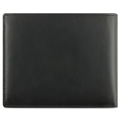 A plain, studio shot of a black wallet.