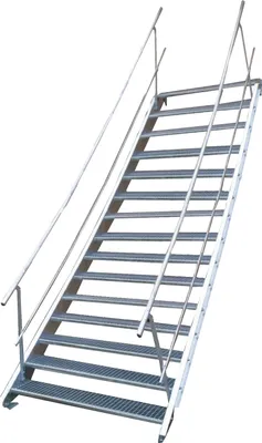 Produktbild von Tailor Made Metal Stahltreppe, Breite 60 cm, variable Höhe 250-320 cm, Tiefe 24 cm, Wangenlänge 450 cm, beidseitiges Geländer, 15 Stufen, Stahl S 235, feuerverzinkt nach DIN EN ISO 1461, Wangentreppe U-Profil, für Außenbereich, Garten & Gewerbe (Industrietreppe), einfache Montage, inkl. 4 Befestigungswinkel, Schrauben & Muttern