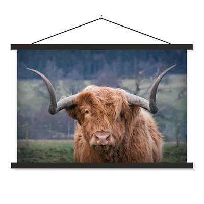 Produktbild von MuchoWow® Textilposter Schottischer Highlander - Kuhkopf - Landschaft - Natur - Kuh 90x60 cm mit schwarzem Rahmen - Aufhängungssatz